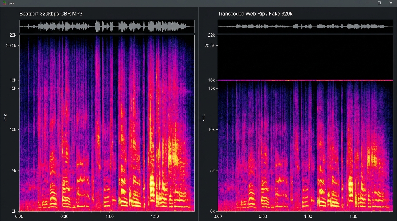 Fast Fourier Transform FFT Spectrum Analysis comparing authentic Beatport 320kbps CBR MP3 vs 16kHz Transcode Web Rip