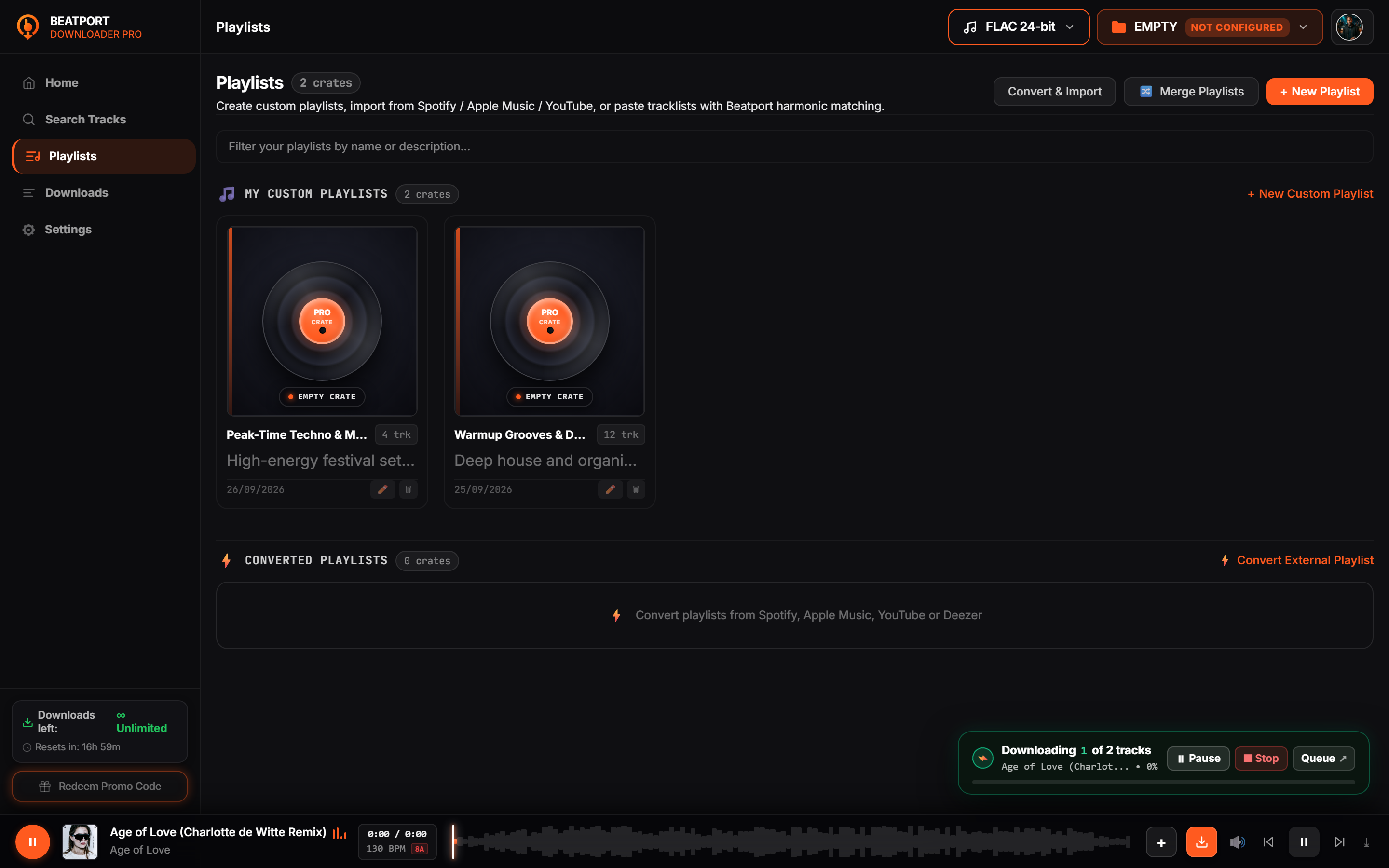 Playlists overview panel with create playlist button and saved crates